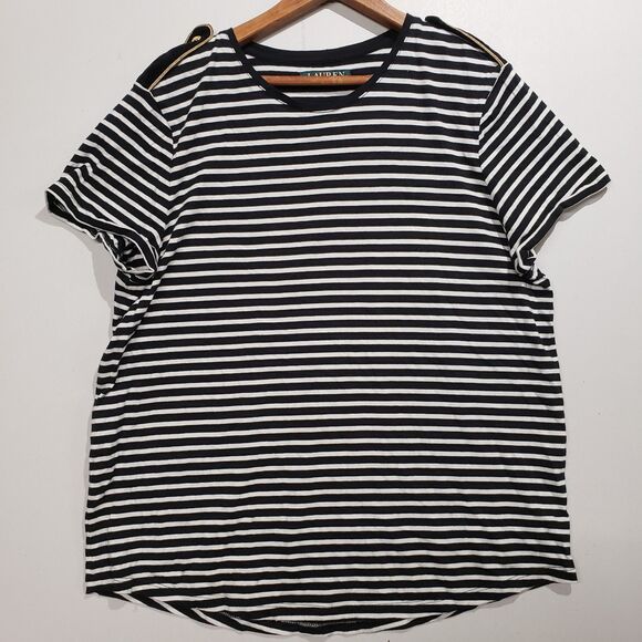 Lauren Ralph Lauren Womens Striped Short Sleeve Shoulder Detail Large READ - Picture 1 of 6
